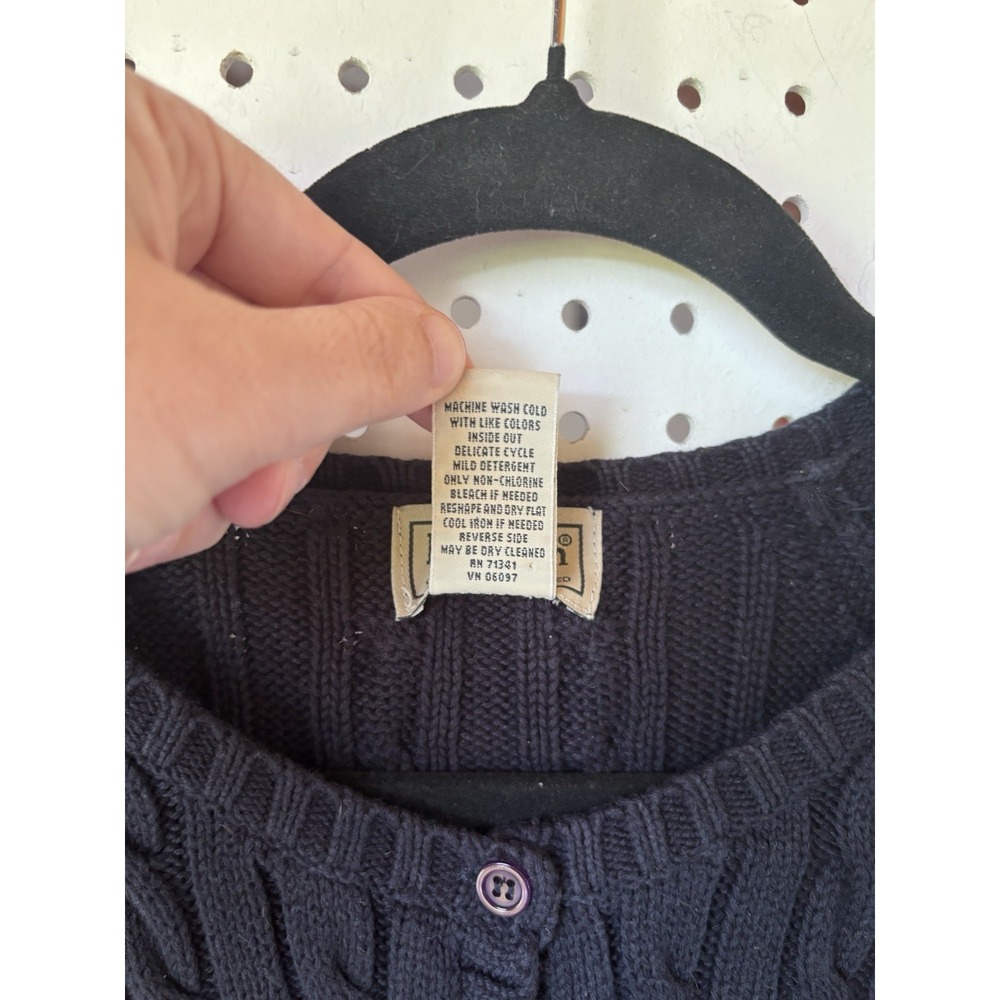 L.L.Bean Women's M Reg Navy Blue Cotton Cable Knit Cardigan Sweater Button - Picture 4 of 5